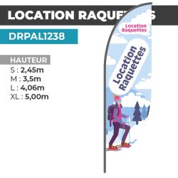 Drapeau LOCATION RAQUETTES | Voile + Mat | avec ou sans Pied