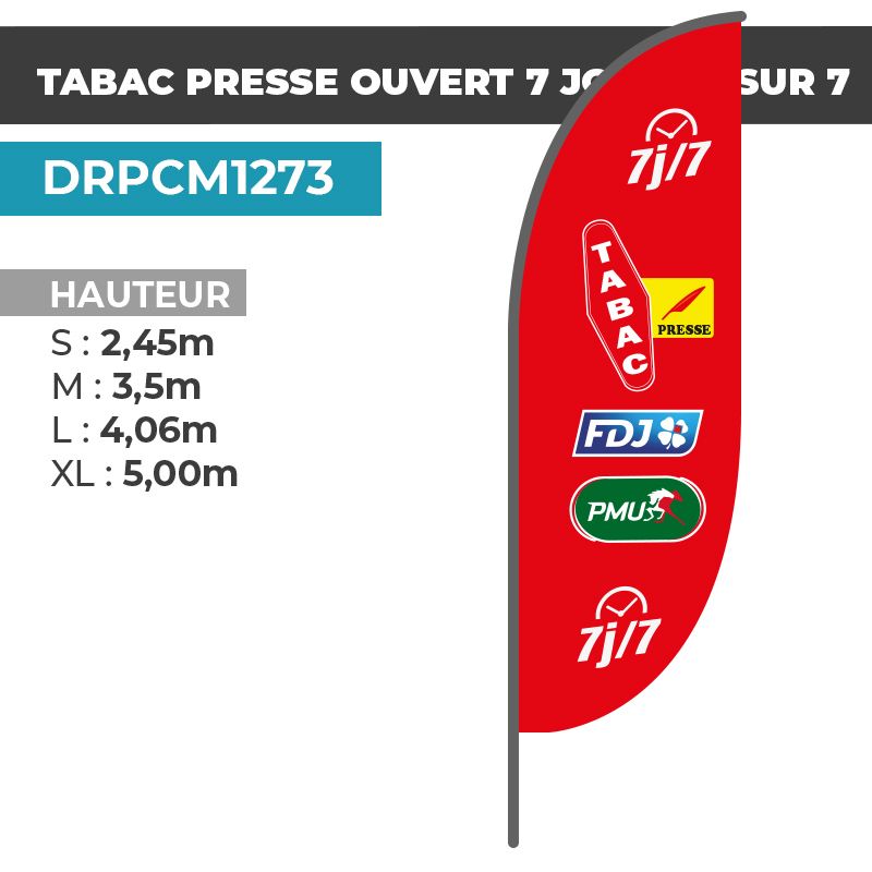 Drapeau TABAC PRESSE OUVERT 7 JOURS SUR 7 | Voile + Mat | avec ou sans Pied