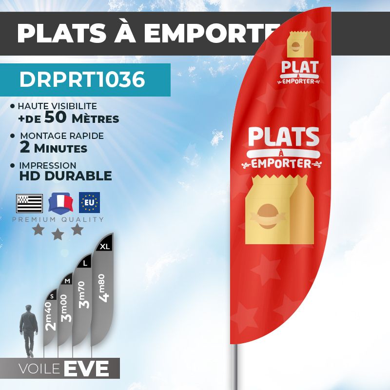 Drapeau PLATS À EMPORTER | Voile + Mat | avec ou sans Pied