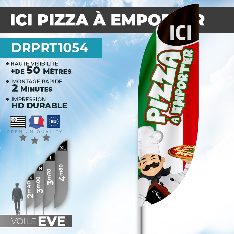 Drapeau ICI PIZZA À EMPORTER | Voile + Mat | avec ou sans Pied