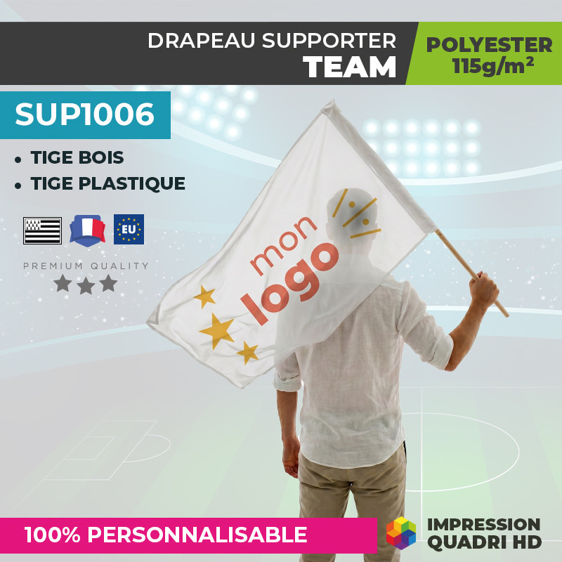 Drapeau supporter personnalisé avec hampe en bois